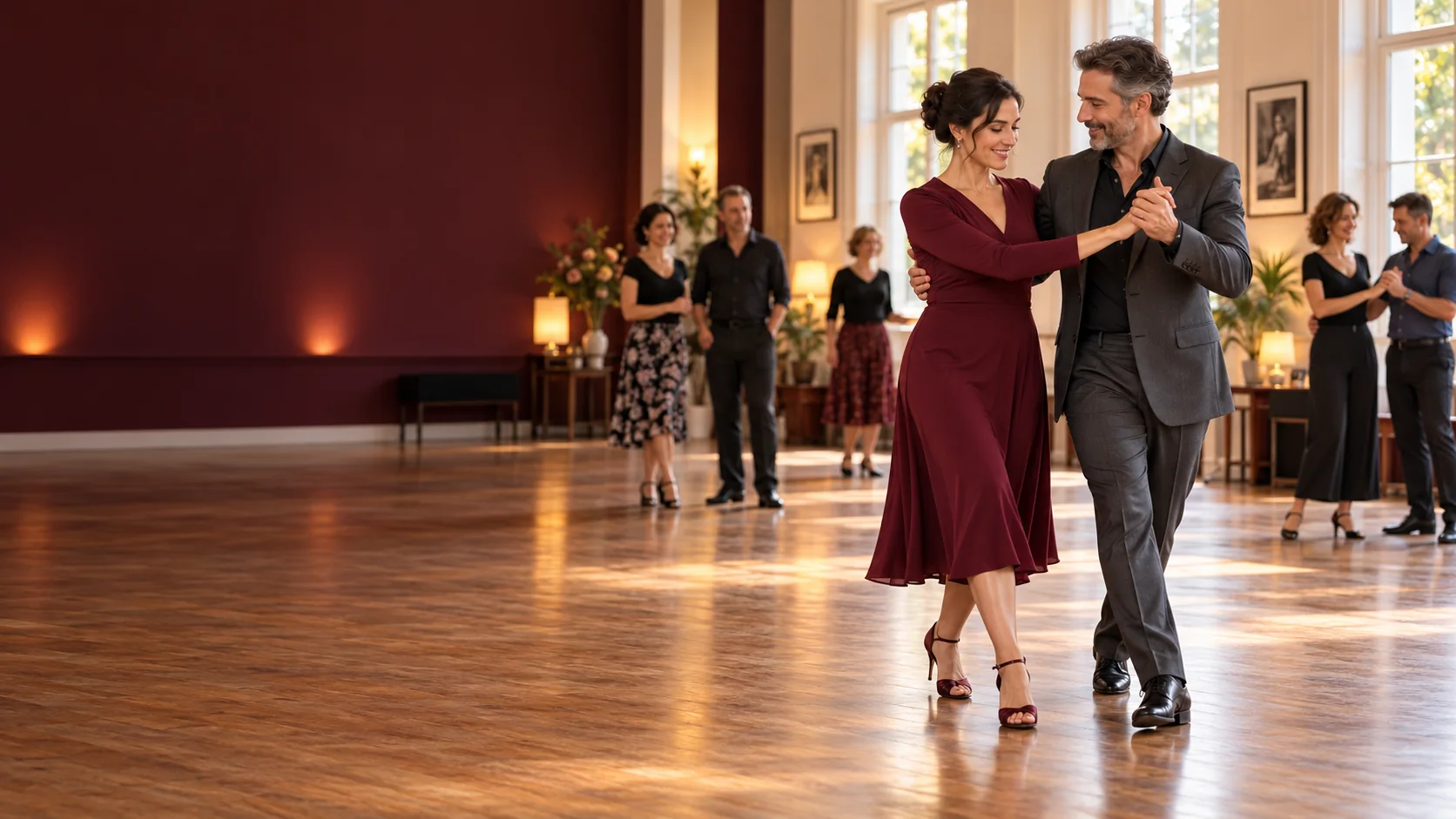 Casal dançando tango em um salão iluminado